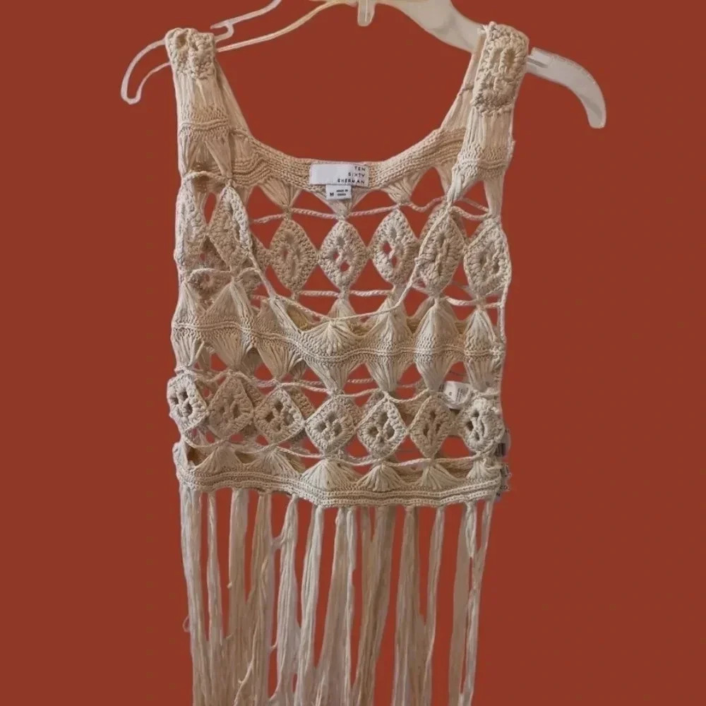 Ten sixty sherman crochet  deeply fringe crop top boho tassel size M color beige